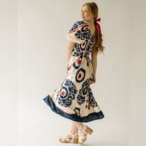 EXCLUSIVE Piper & Scoot Armada Puff Sleeve Satin Midi Dress in Navy Size Medium